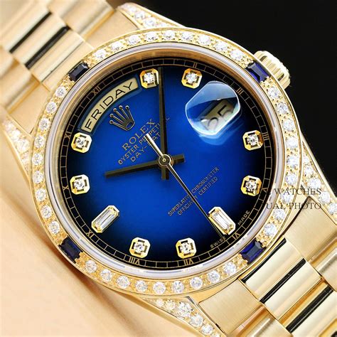 rolex men's president diamond bezel blue face|Rolex baguette diamond bezel.